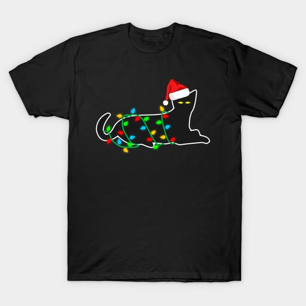 Black Cat tangled in Christmas lights T-Shirt by The Green Path